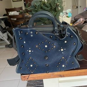 Suede navy blue studded coach bag